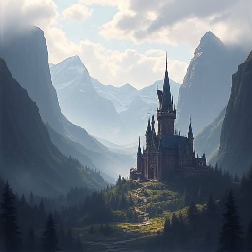 Arte conceitual de um castelo majestoso em um vale com montanhas imponentes ao fundo, representando o reino de Aethelgard.
