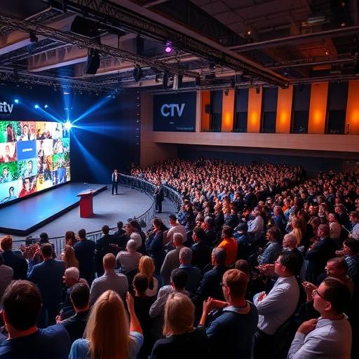 Imagem de um festival de televis&radic;&pound;o com palestrantes e p&radic;&ordm;blico